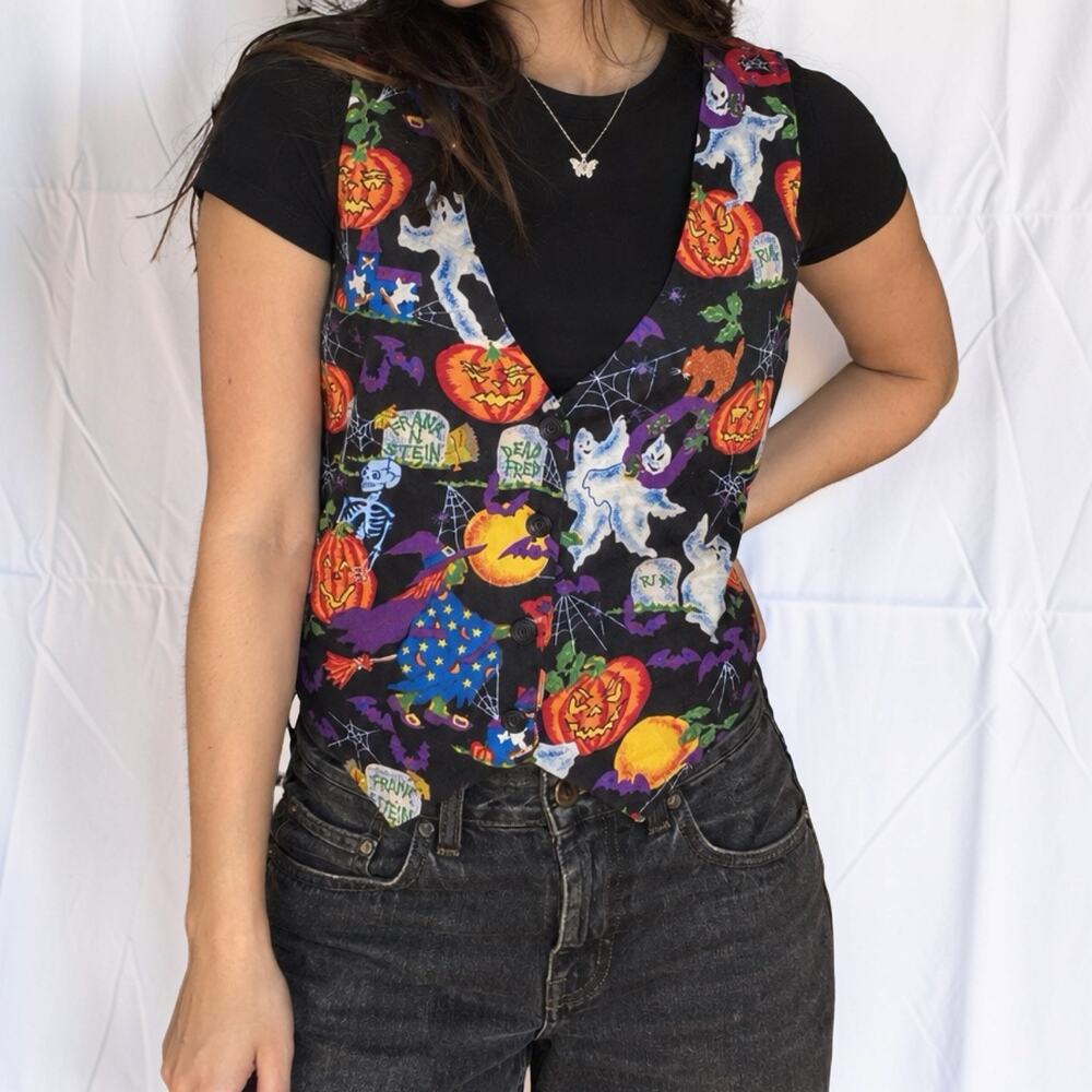 Basic Editions Vintage 90s Halloween Novelty Print Vest Black Small